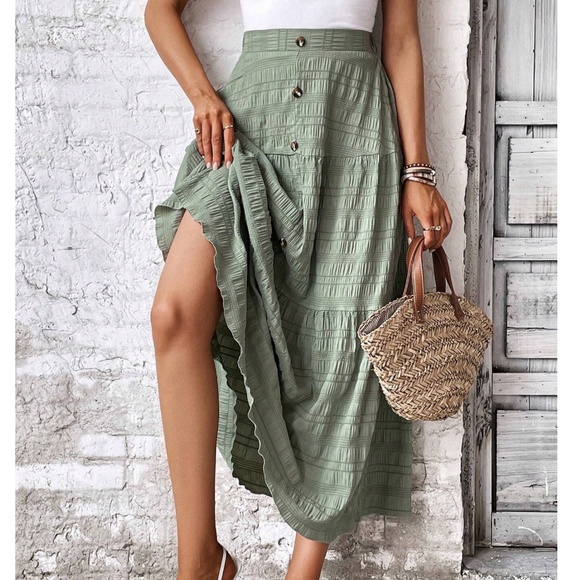 021 Boho Sage Green Button Detail Maxi Skirt - Picture 2 of 4